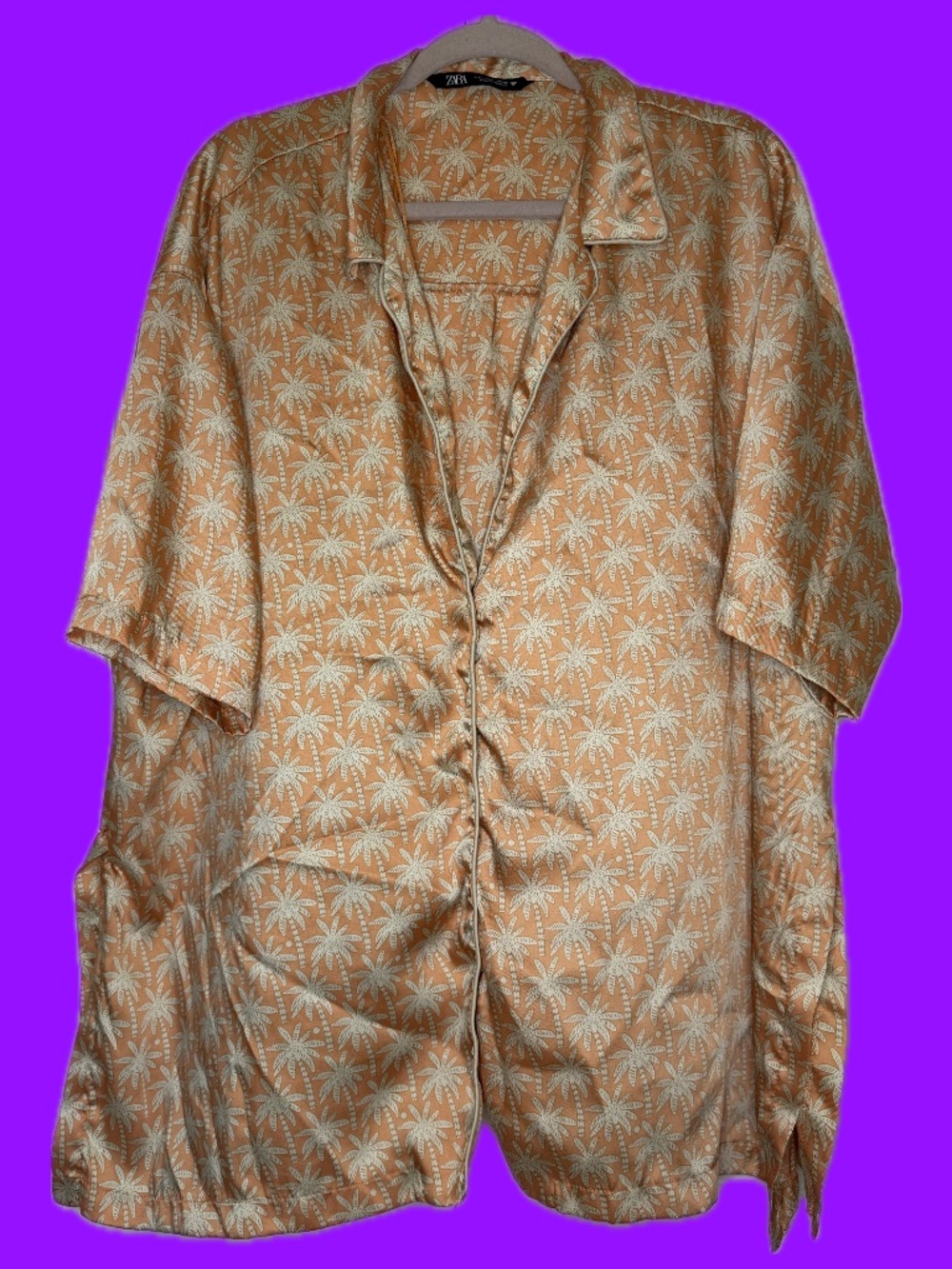 Zara Orange & Cream Palm Tree Print Satin Shirt – Size XL
